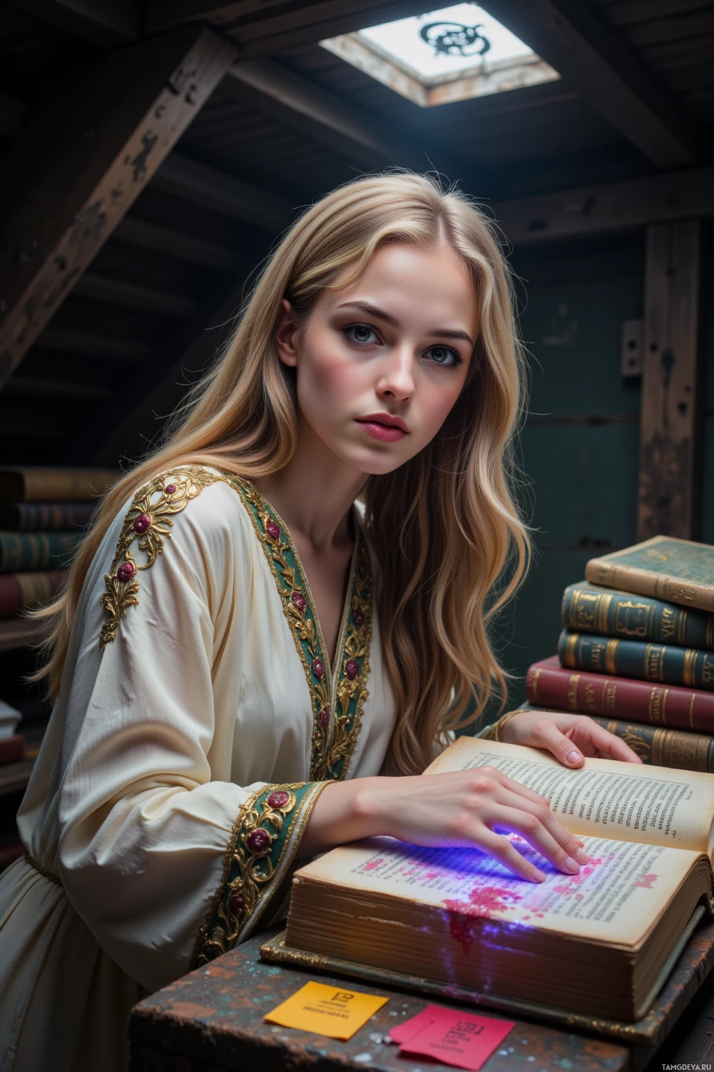 В историческом платье женщина читает раскрытую книгу со светящимся текстом.