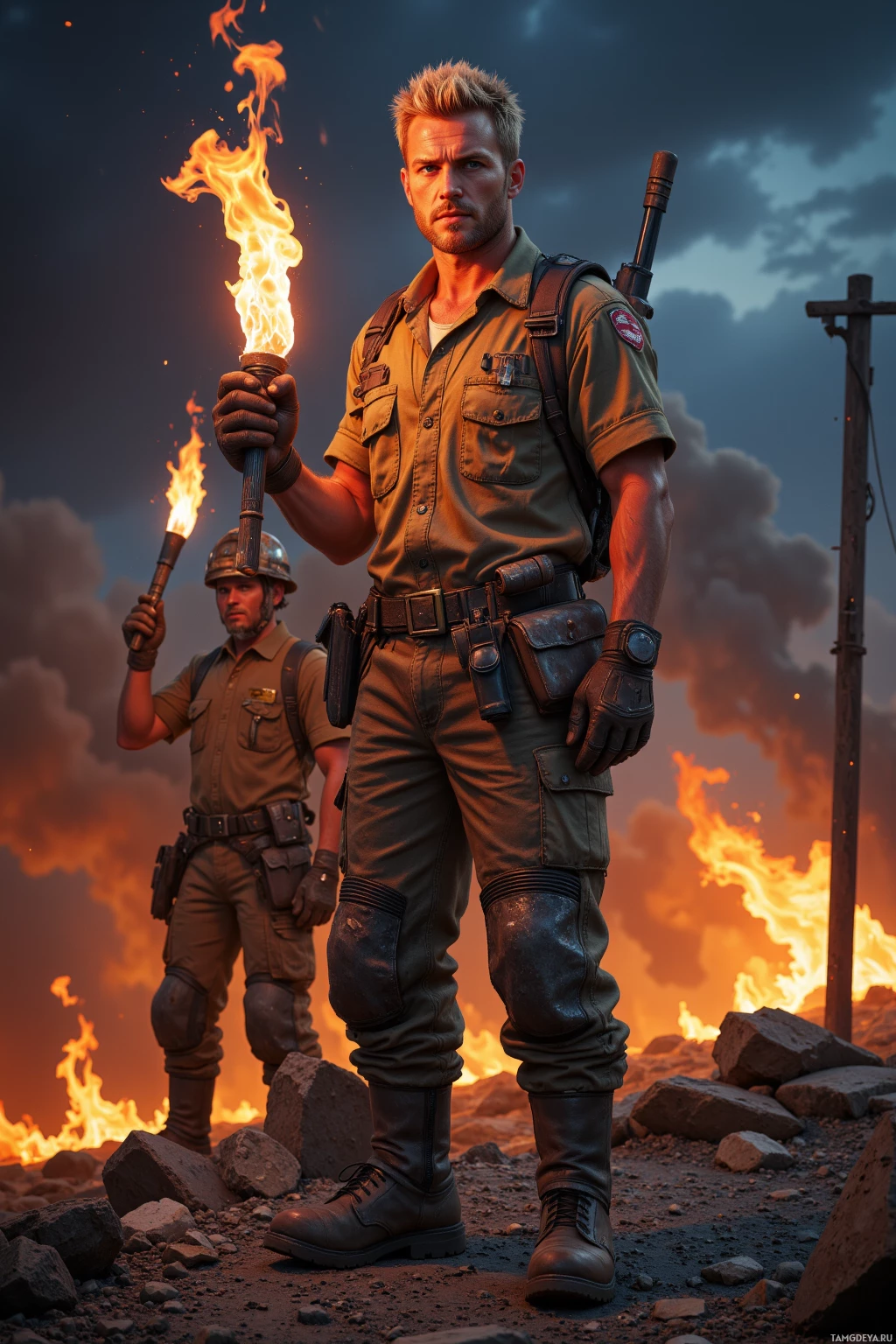 Два солдата в боевой экипировке стоят на фоне бушующего пламени, один из них держит пылающий факел.