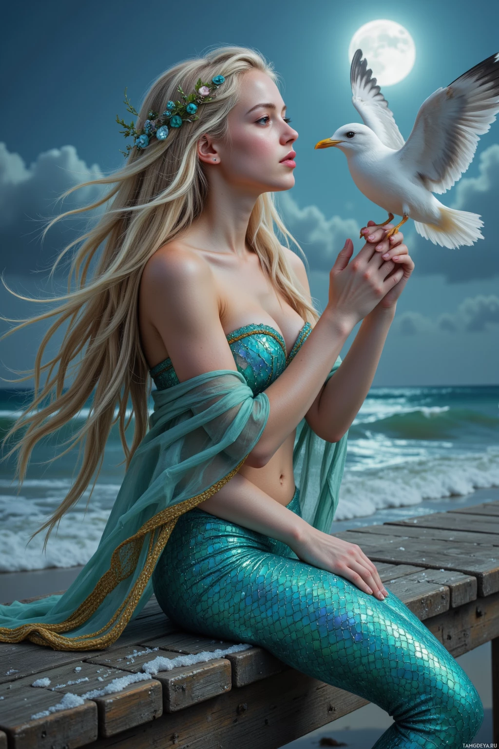 Русалка с длинными светлыми волосами и лазурно-бирюзовым хвостом сидит на деревянном пирсе, держа на руках чайку на фоне полной луны и волн океана.