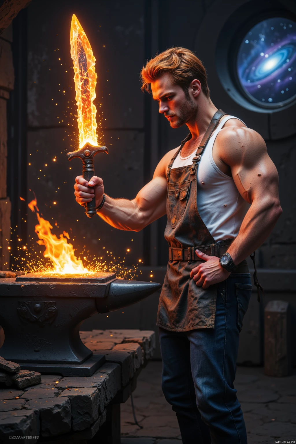 Мускулистый мужчина в спецовке держит светящийся меч над наковальней.