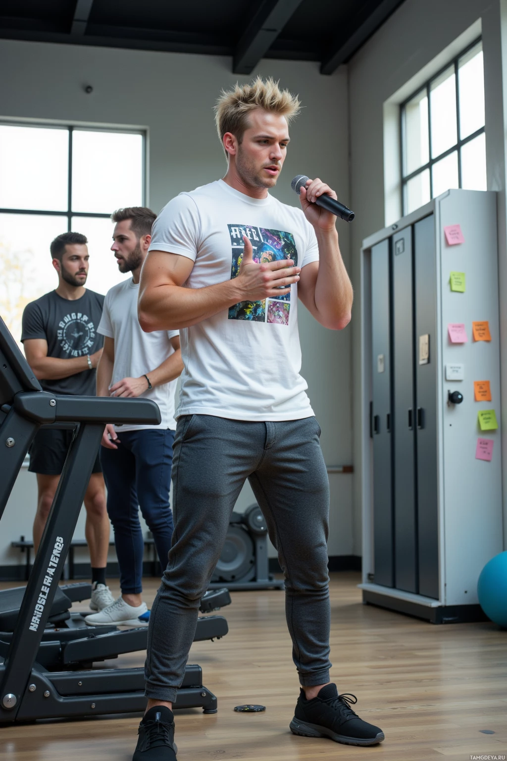 Мужчина в белой футболке и серых брюках говорит в микрофон в спортзале.