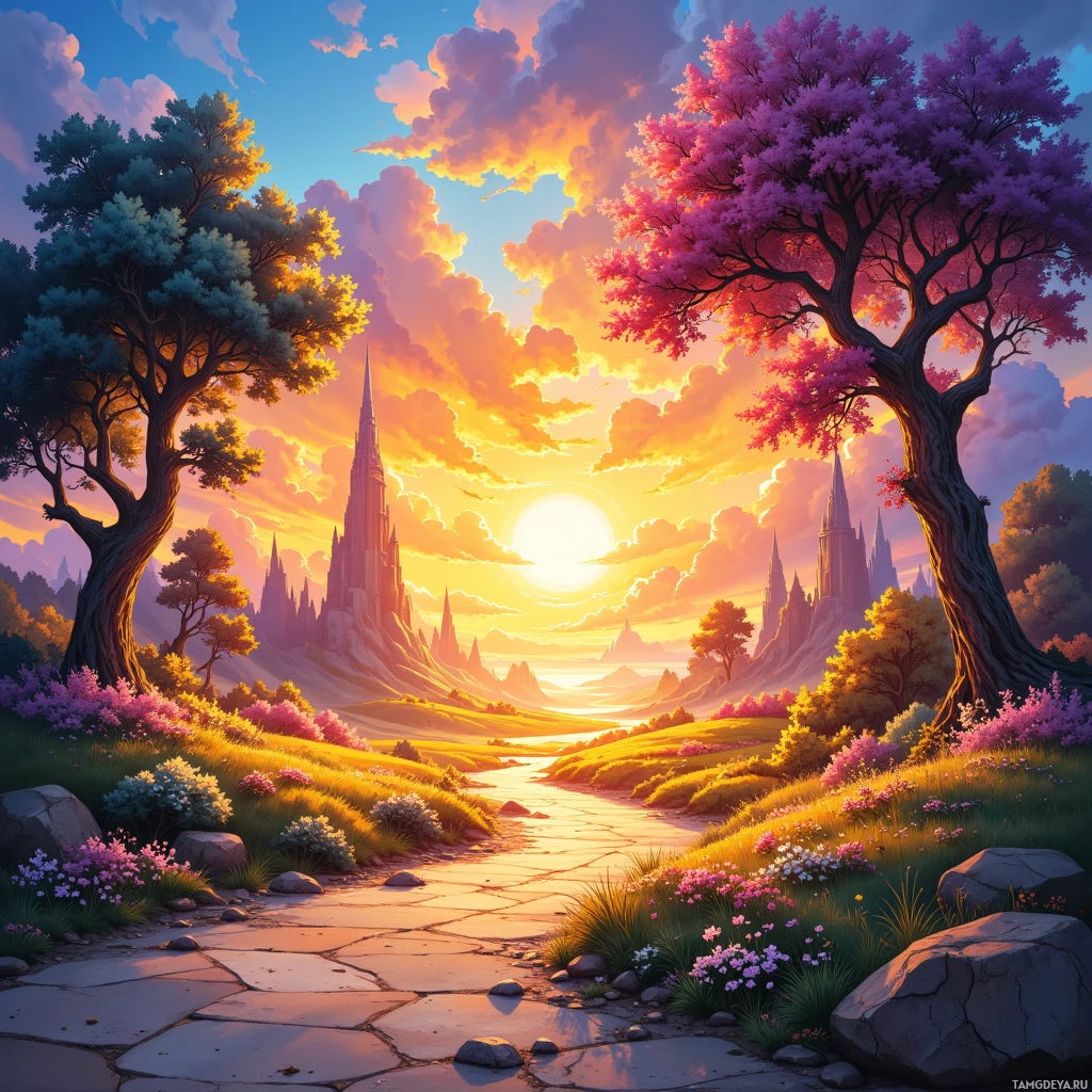 Безмятежный пейзаж с ярким закатом, пестрыми цветами и замком вдалеке.
