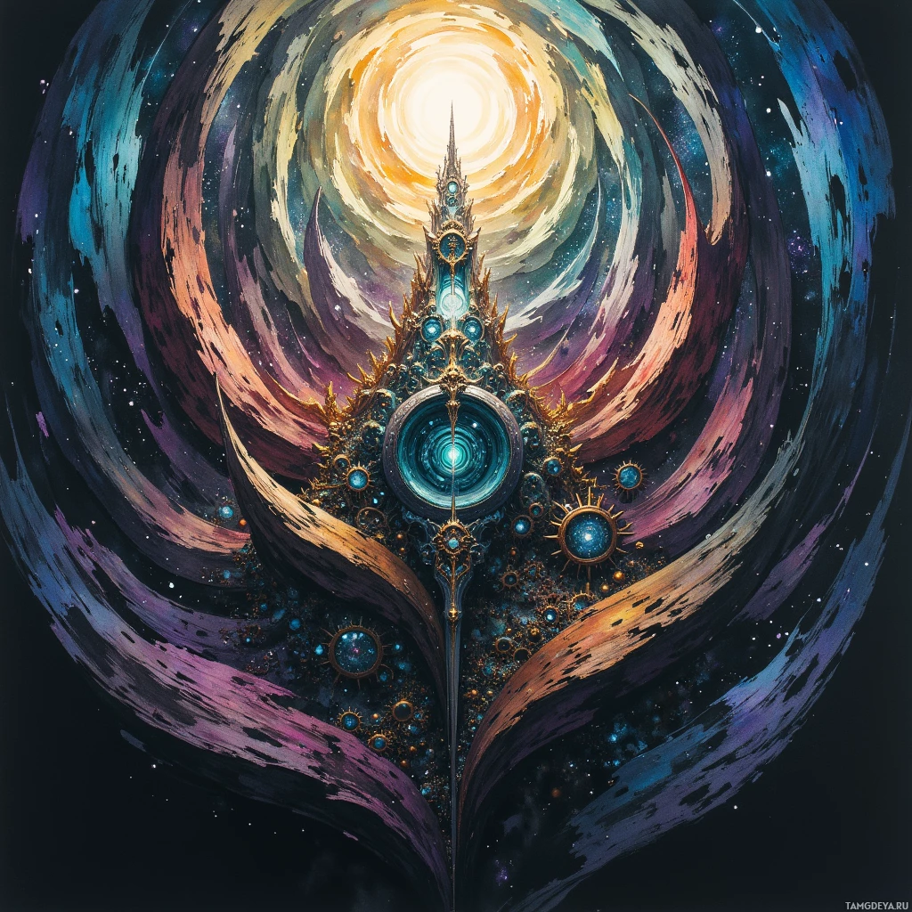 Яркая космическая сцена с центральной структурой, отличающейся сложной деталировкой, и спиральными узорами, напоминающими галактику, на заднем плане.