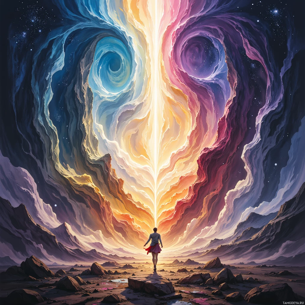 Человек стоит у подножия необъятного, красочного космического пейзажа, глядя на яркий, сияющий портал.
