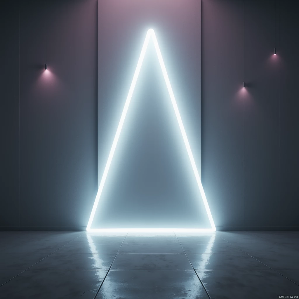 Яркий белый неоновый треугольник освещает тёмную комнату.