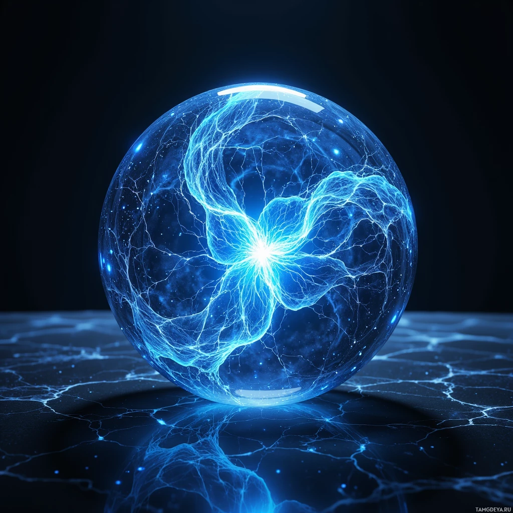 Светящаяся голубая сфера с замысловатыми, паутишкообразными узорами и ярким светом в центре.
