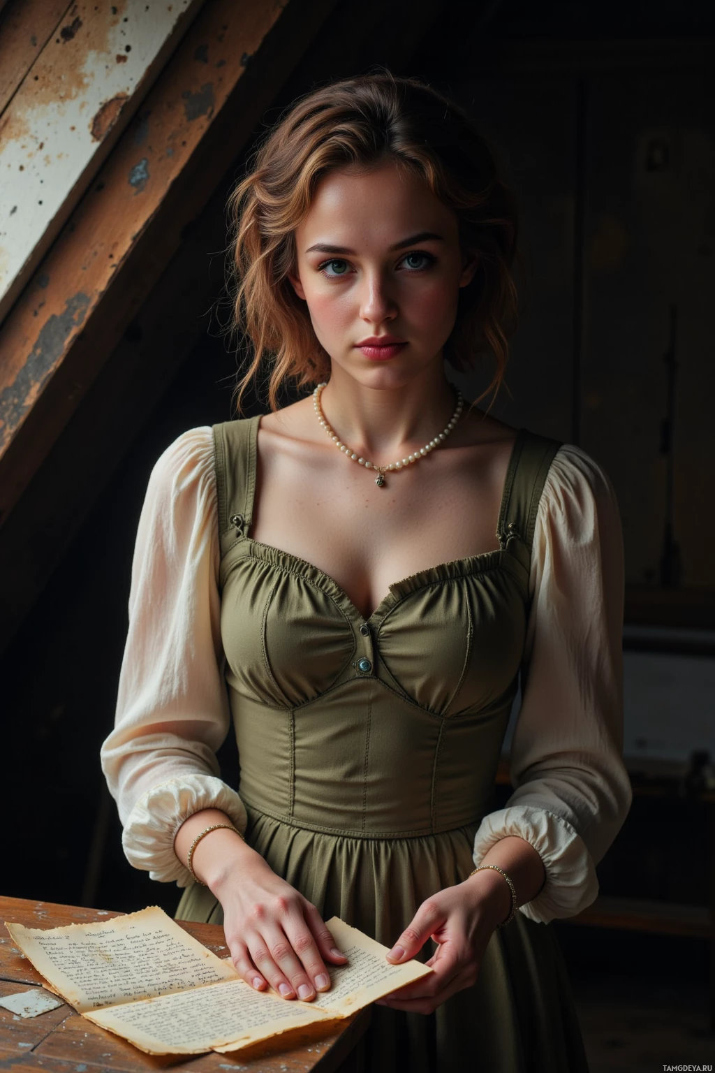 Женщина в платье в историческом стиле держит старое письмо.