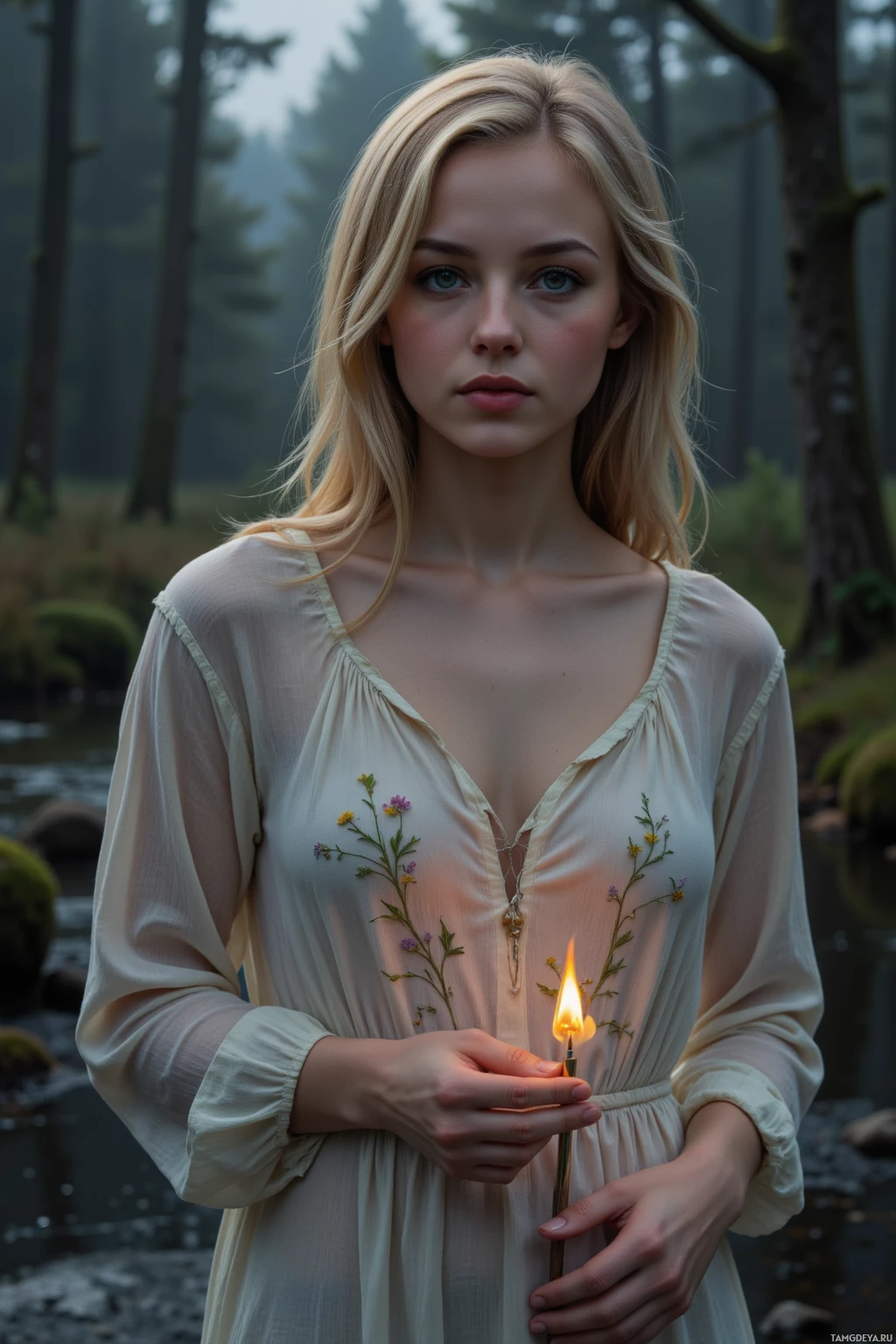В туманном лесу женщина в развевающейся одежде держит горящую свечу.