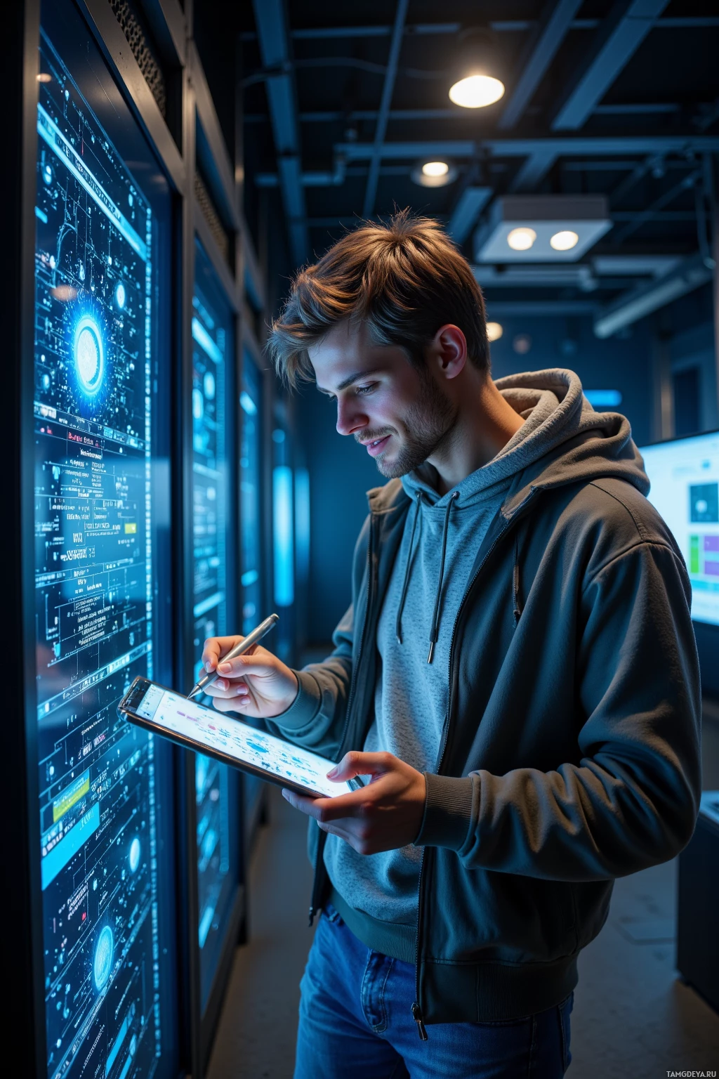 Человек в толстовке пользуется планшетом в технологичной обстановке, где светятся экраны.