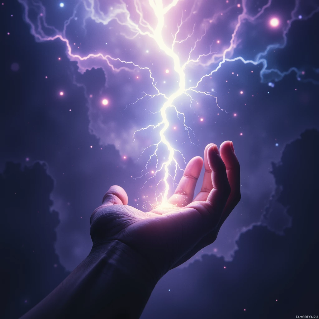 Рука тянется к молнии в ночном небе.