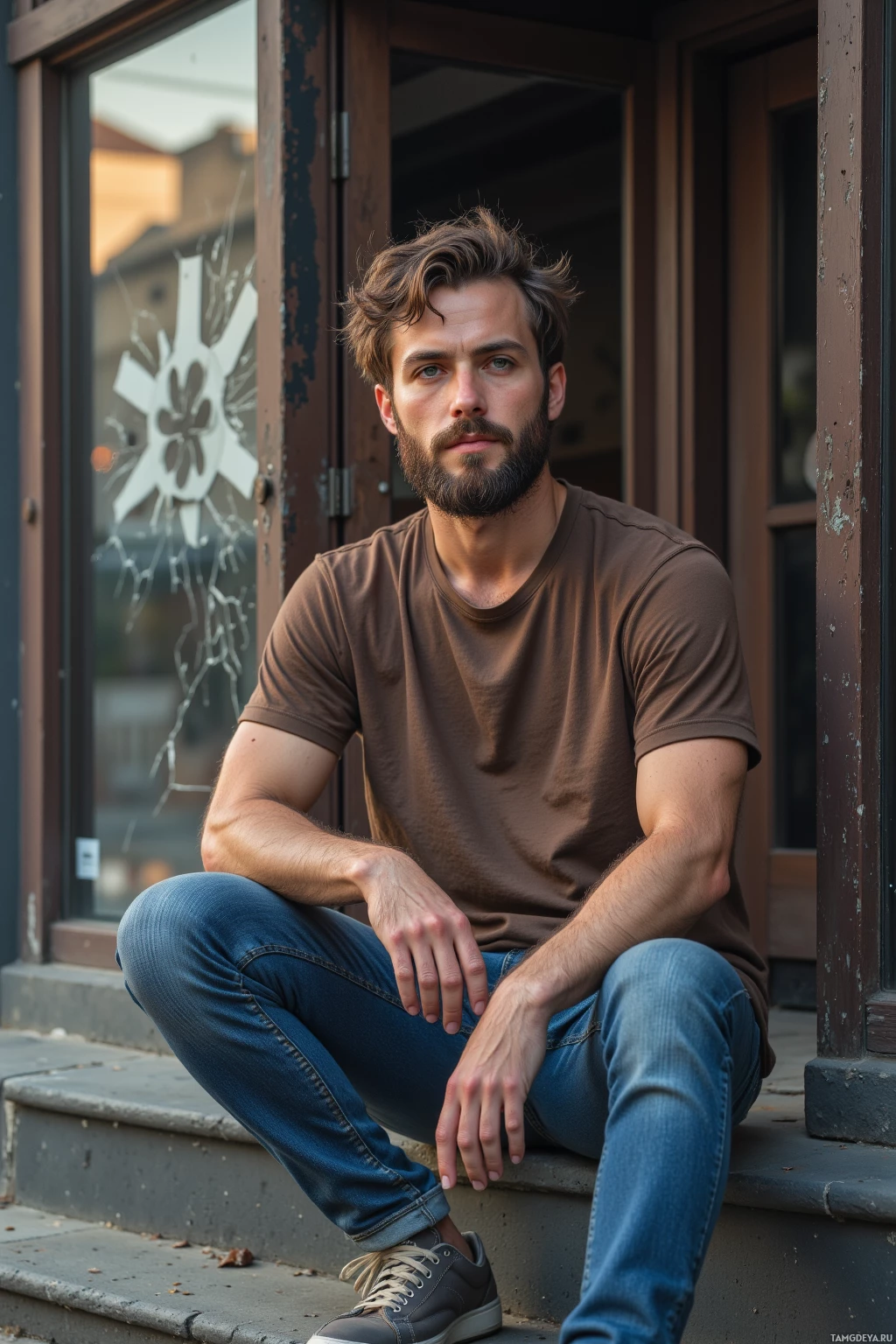 Мужчина с бородой и короткой стрижкой сидит на ступеньке у здания.