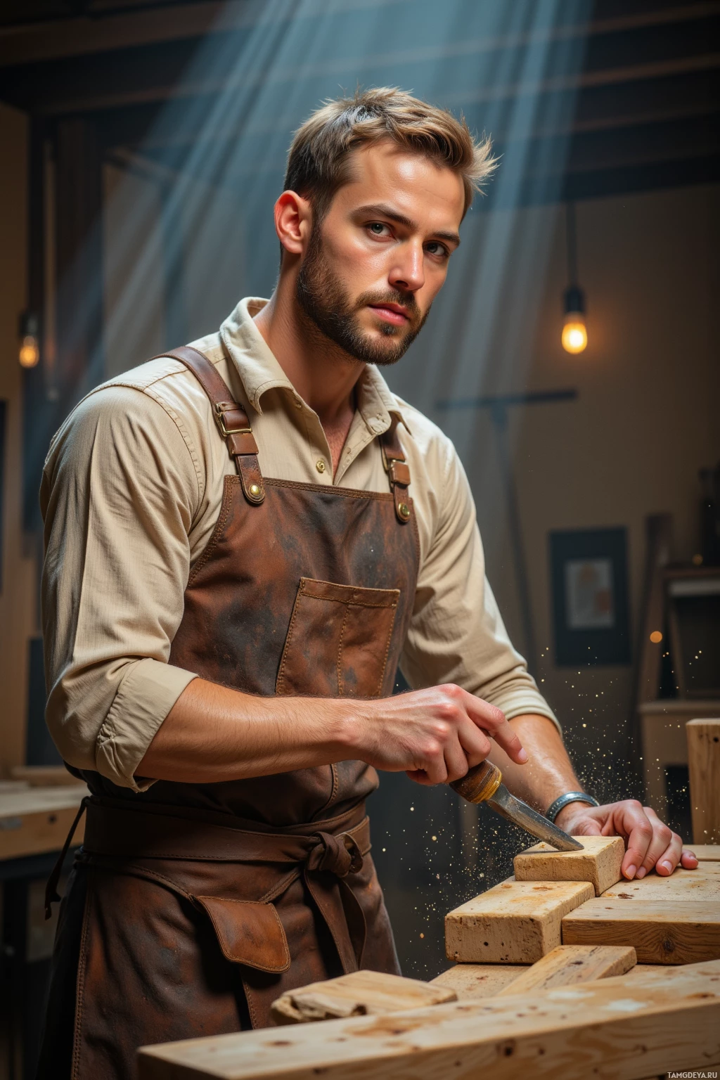 Мужчина в мастерской, одетый в фартук, сосредоточенно занимается деревообработкой.