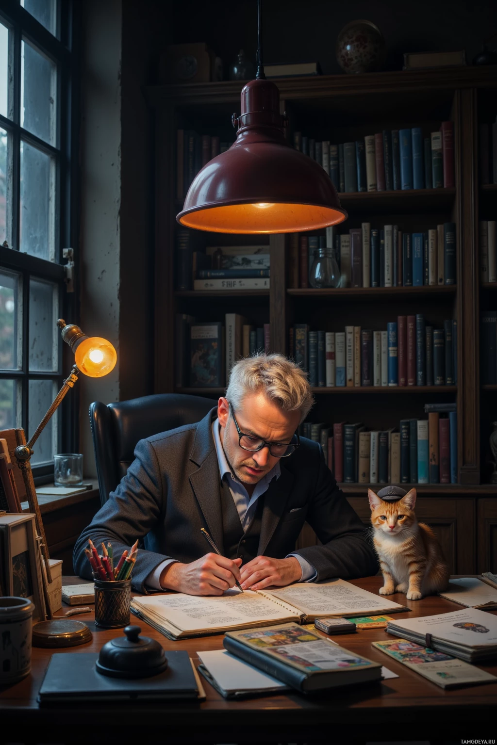 Мужчина в костюме сидит за столом и что-то записывает в блокнот, рядом с ним пристроилась кошка, а на заднем плане виднеется книжный шкаф.