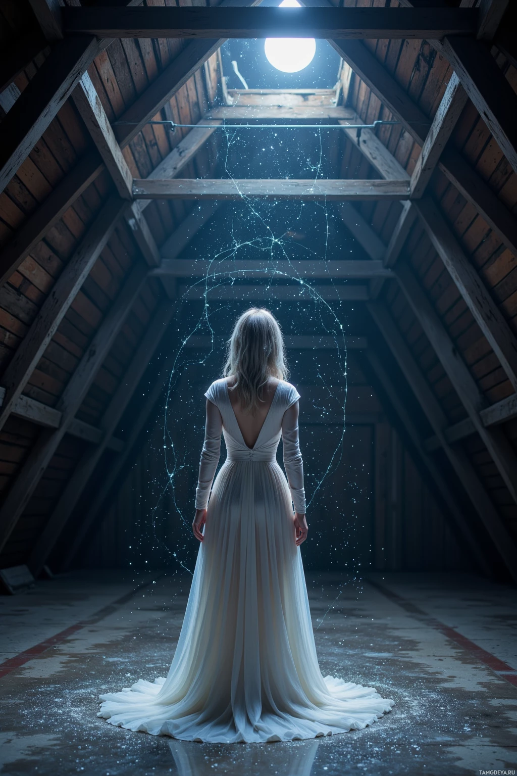 В полумраке чердака стоит женщина в белом платье, окруженная мерцающими частицами.
