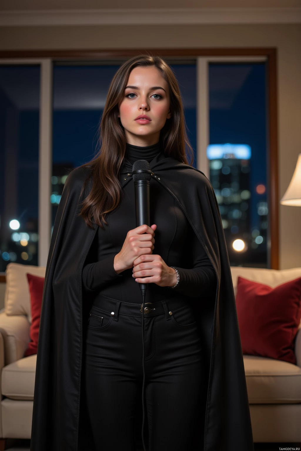 Человек в черном костюме и накидке держит микрофон в помещении с видом на город.