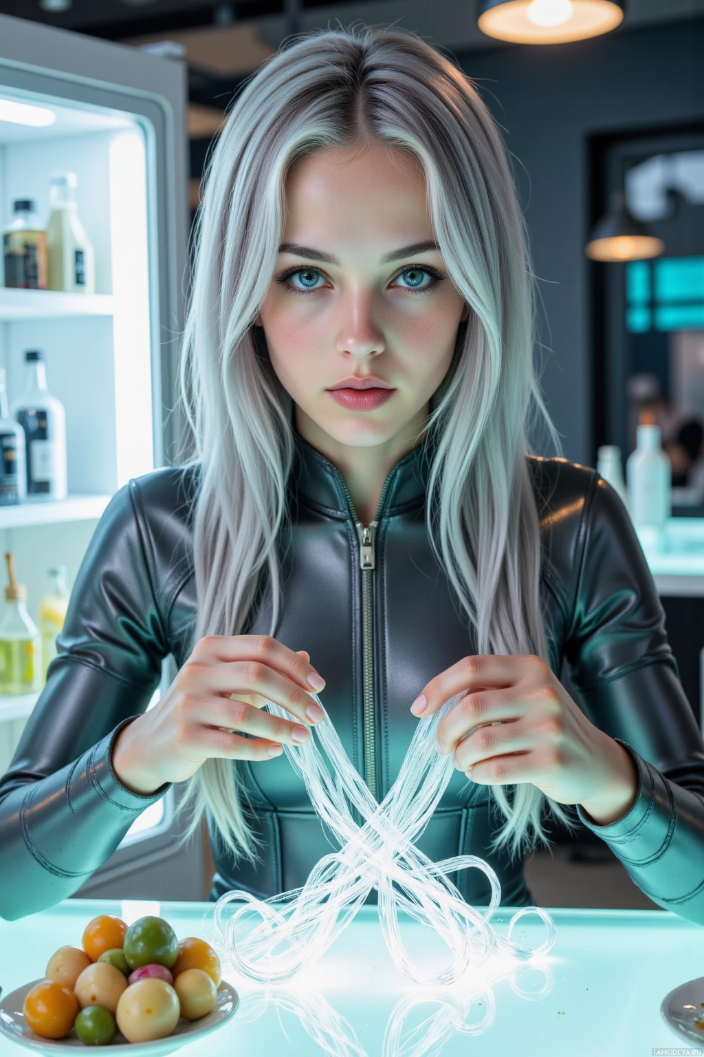 Человек в кожаной куртке держит гирлянду огней перед блюдом с фруктами.