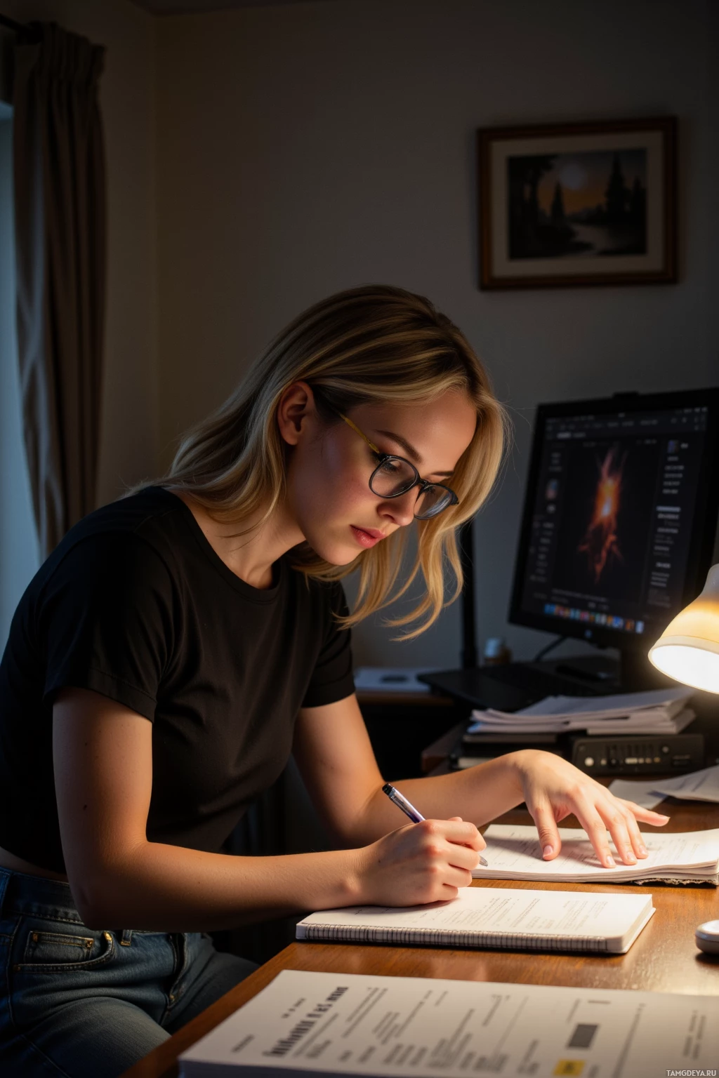 Человек сидит за столом и что-то записывает в блокнот ручкой.