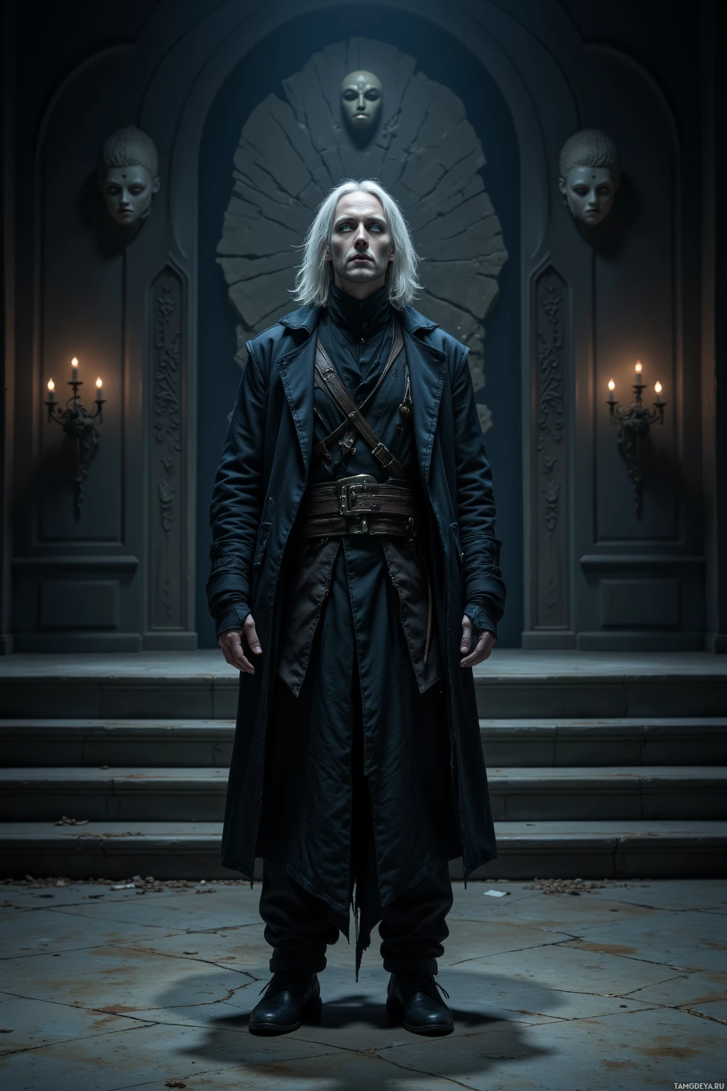 В полумраке богато украшенной комнаты стоит человек в темном пальто, вокруг - настенные маски и подсвечники.