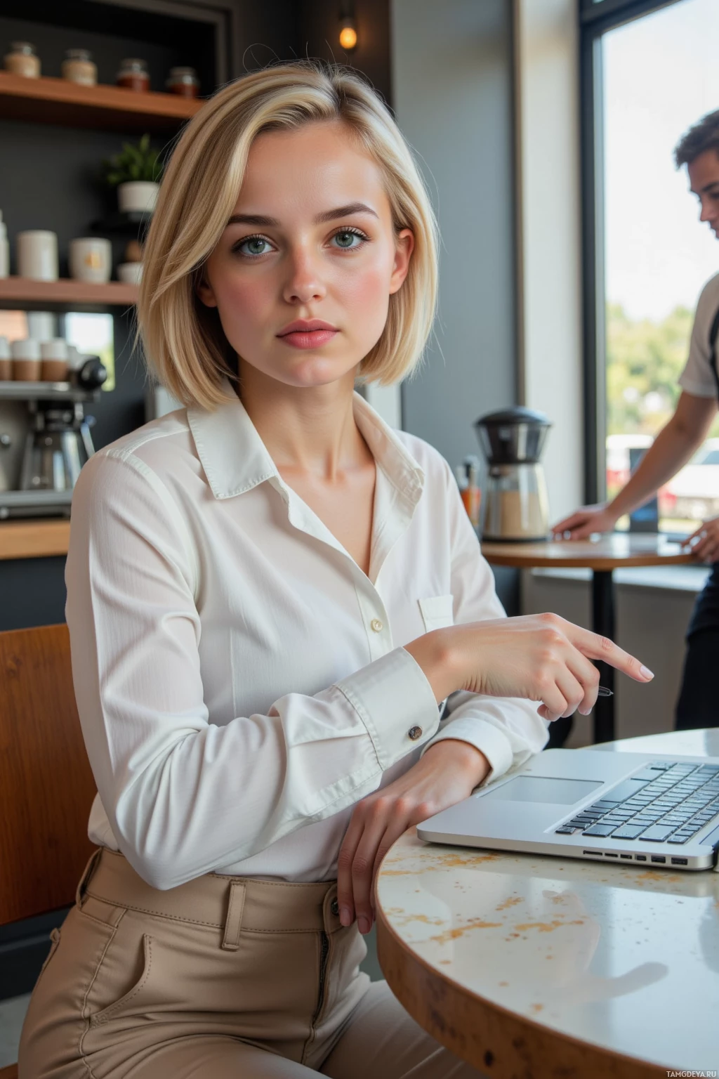 Женщина в белой рубашке и бежевых брюках сидит за столом с ноутбуком в кафе.