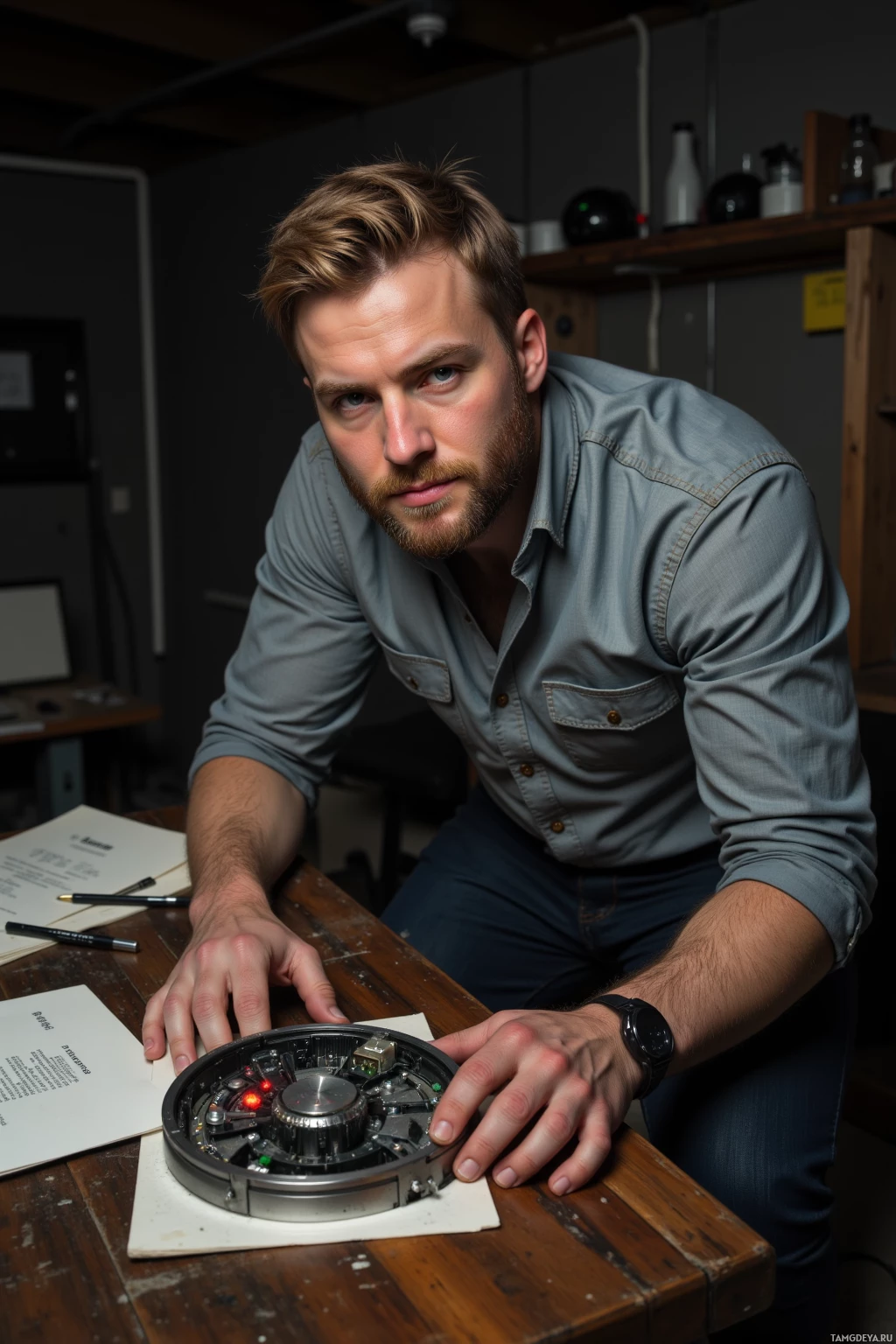 Мужчина наклонился вперед, рассматривая электронное устройство на деревянном столе.