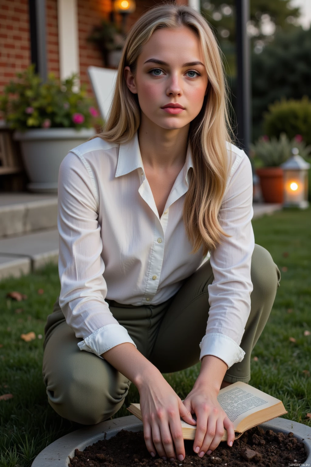 Человек в белой рубашке и зеленых брюках присел рядом с горшечным растением, держа в руках открытую книгу.