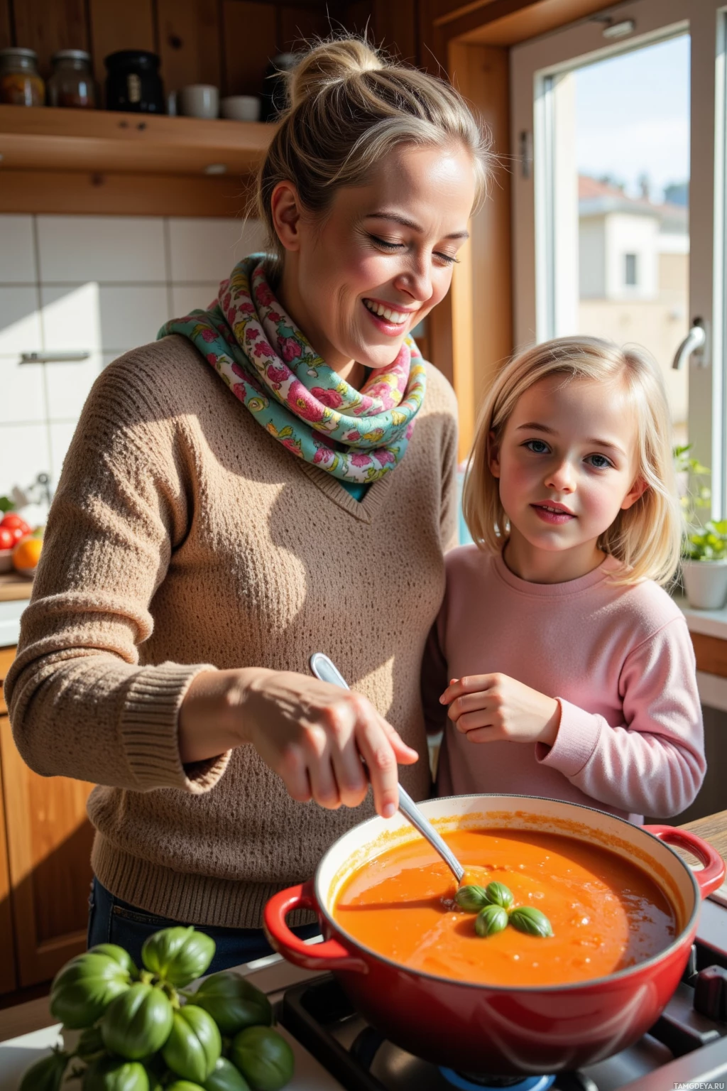Женщина и ребенок готовят вместе на кухне.