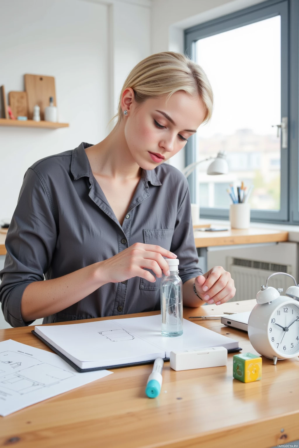 У женщины на столе архитектурные чертежи и бутылка воды.