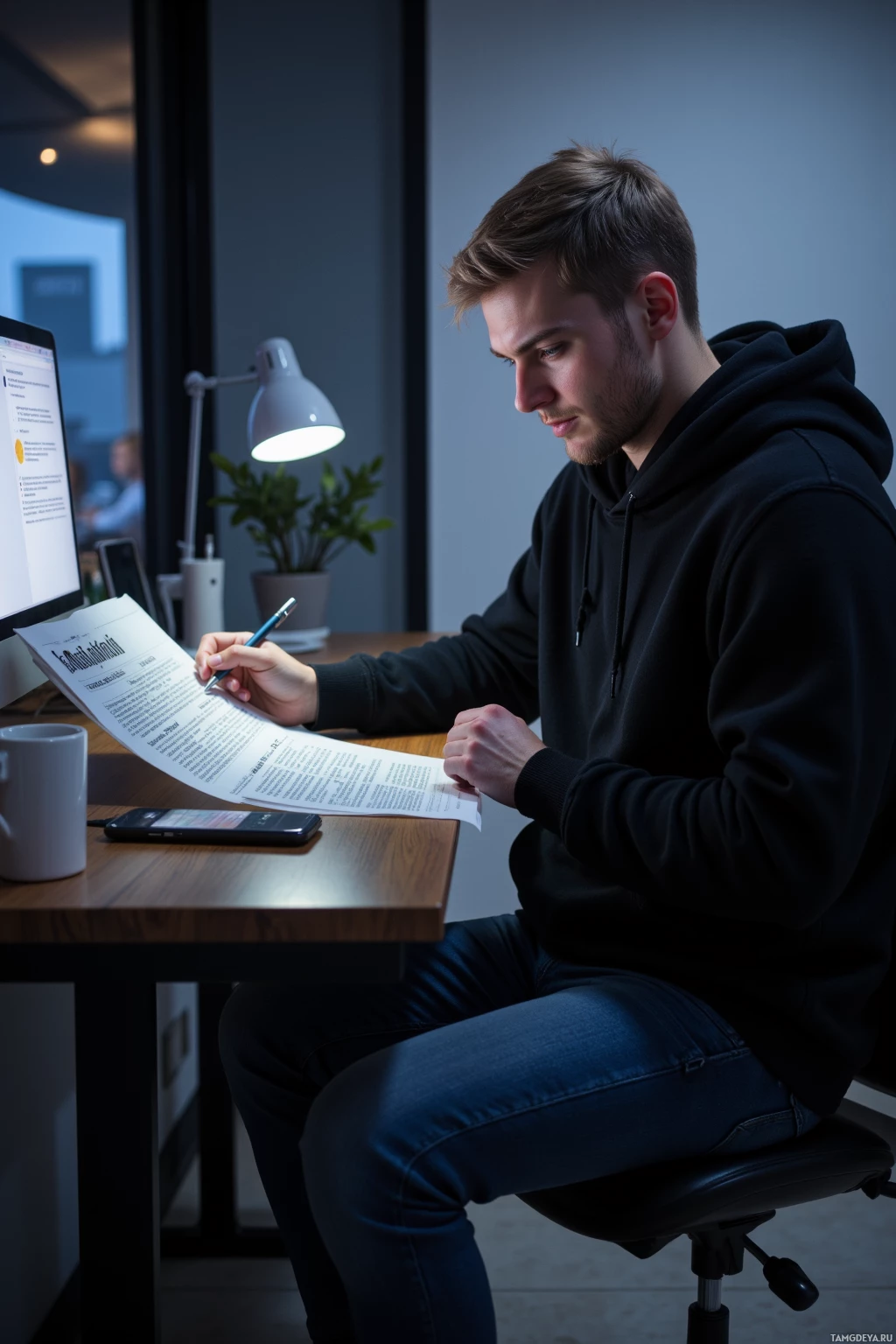 Человек в толстовке сидит за столом и рассматривает документ, держа в руке ручку.