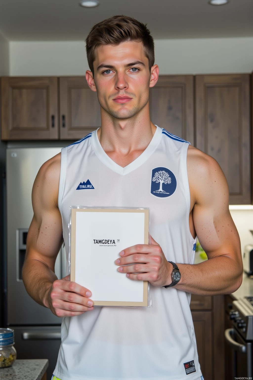 Мускулистый мужчина в белой спортивной форме держит обрамлённый документ на кухне.