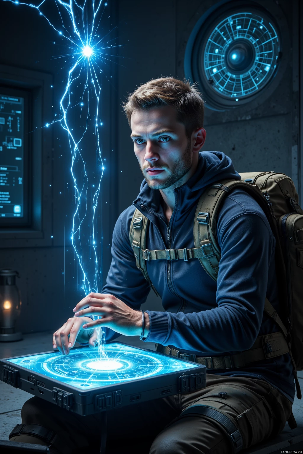 Человек в футуристической обстановке взаимодействует с светящимся, высокотехнологичным устройством.