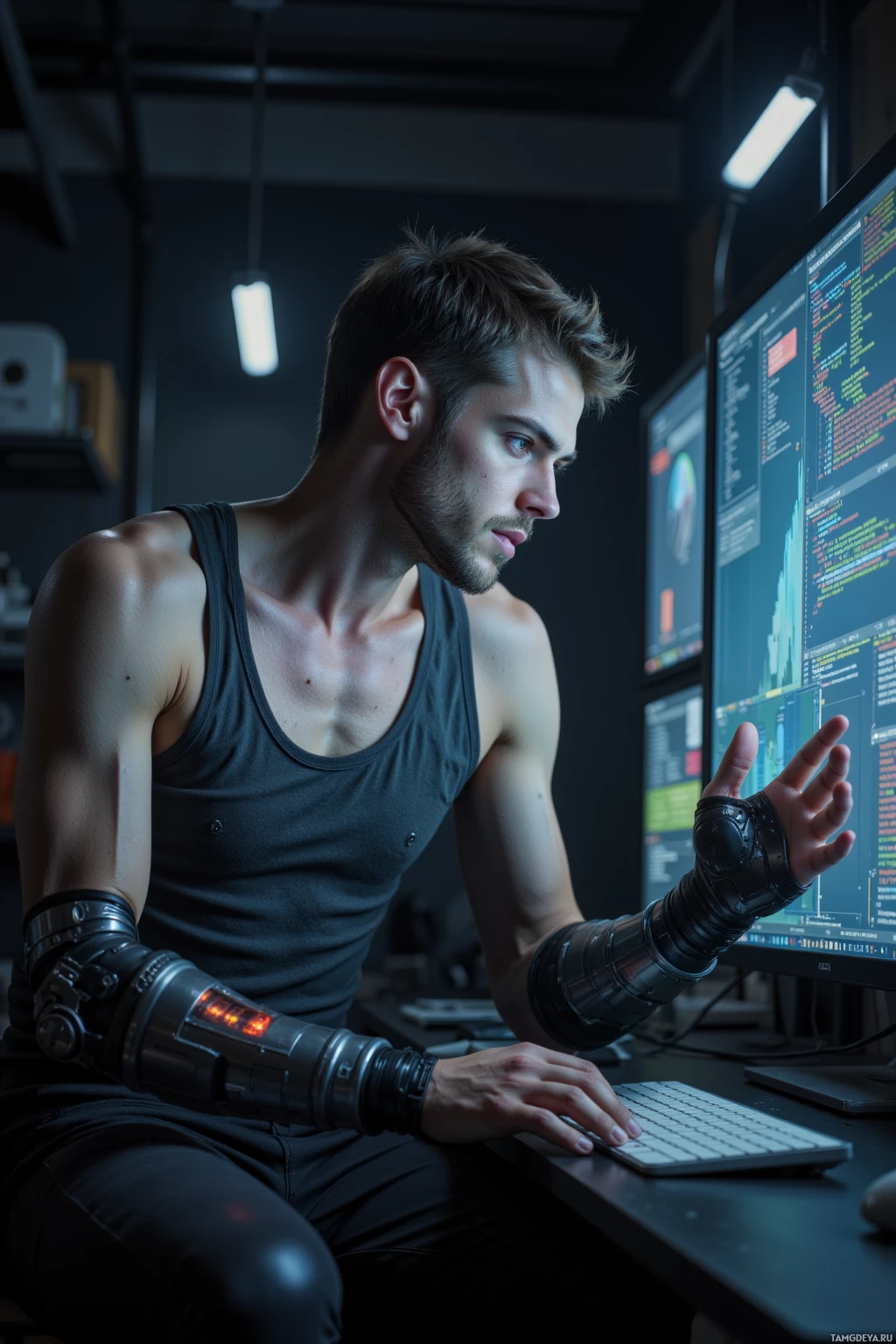 Мужчина в майке и футуристическом браслете сидит за столом и работает за компьютером.