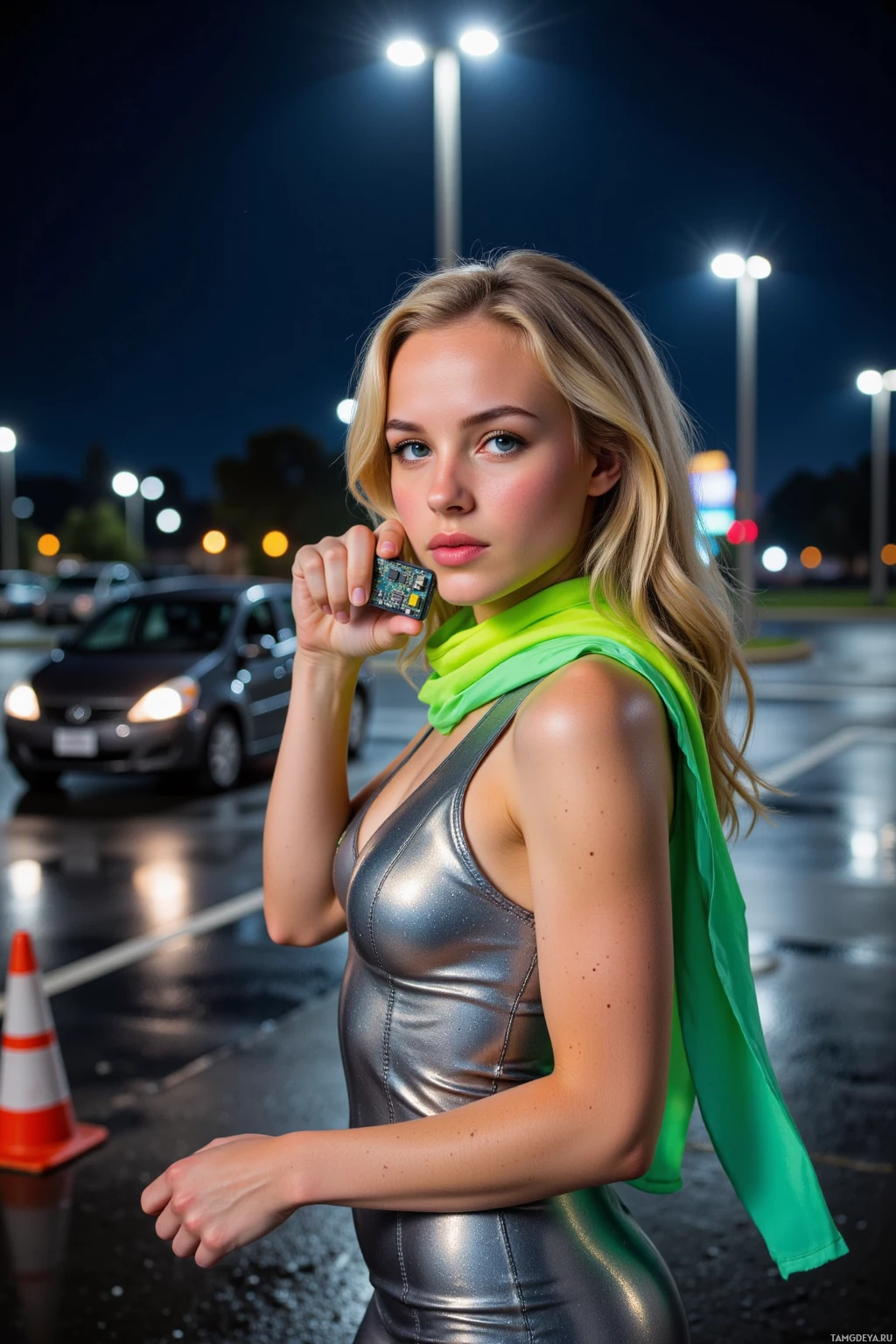 Женщина в металлическом платье стоит ночью на парковке, приложив к уху небольшое устройство.