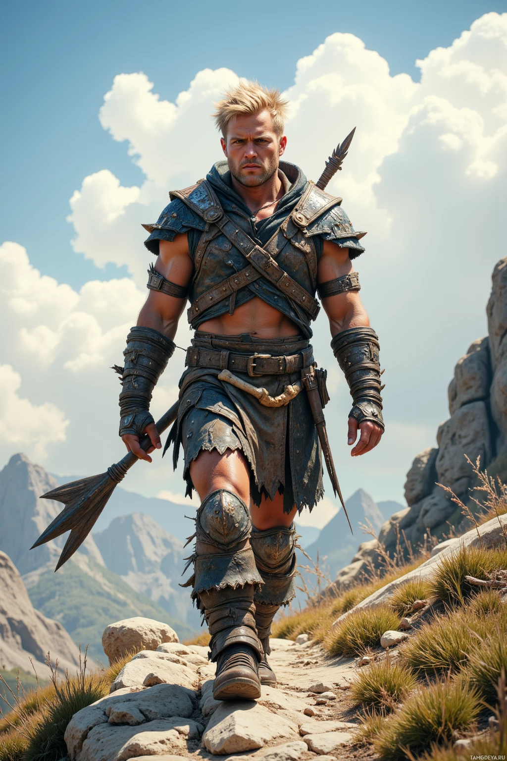 Суровый воин в кожаных доспехах стоит на каменистой тропе на фоне гор и чистого неба.