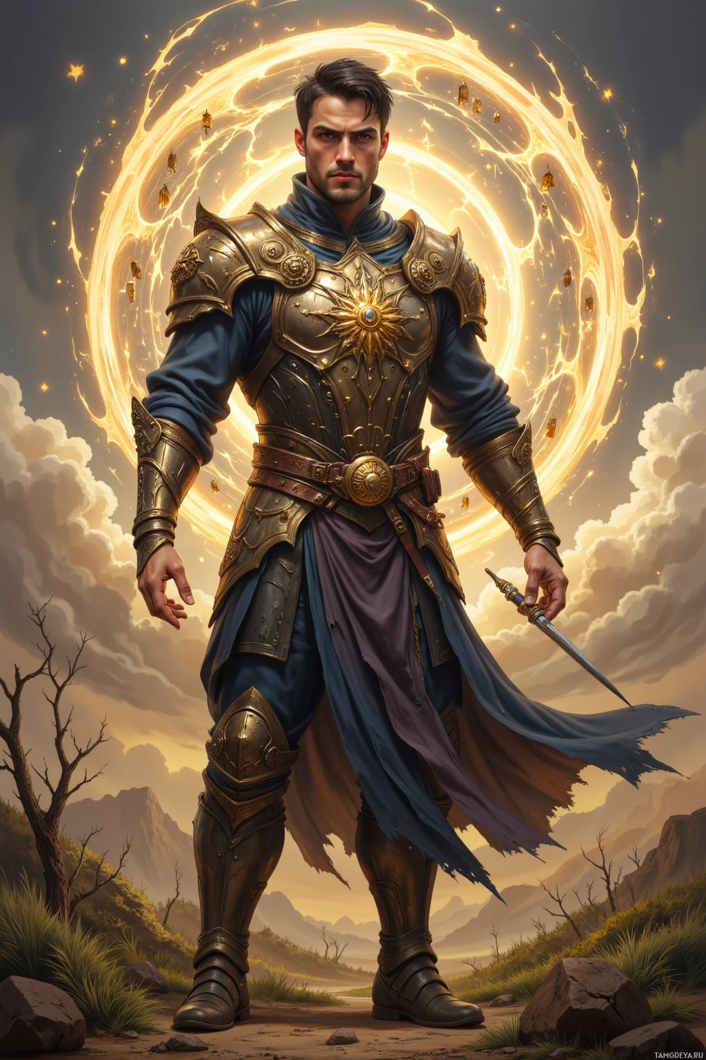 Рыцарь в богато украшенных доспехах стоит на фоне живописного пейзажа, залитого сияющим светом.
