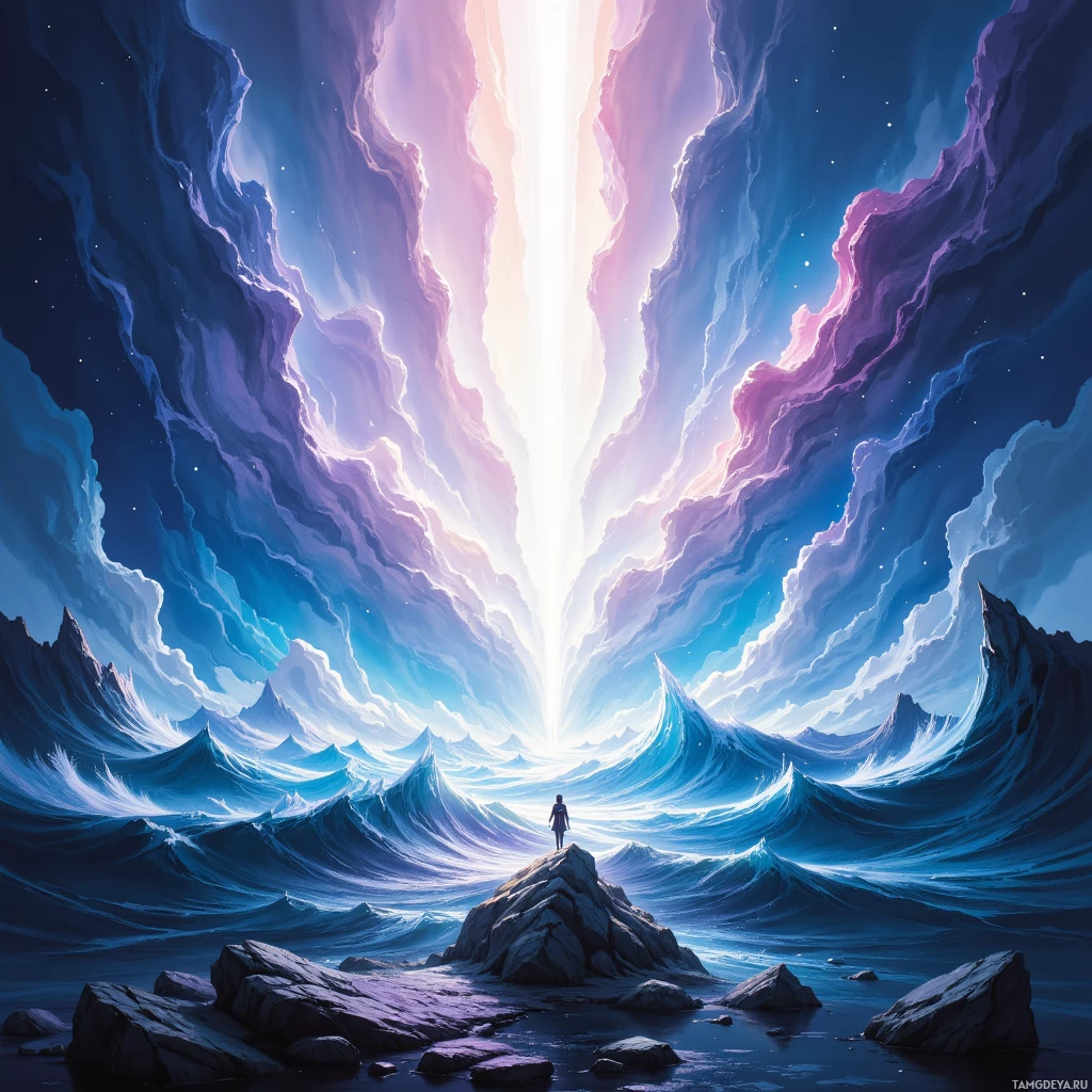 Одинокая фигура стоит на скалистом выступе, вглядываясь в бескрайний, неземной пейзаж из клубящихся облаков и сияющего источника света.