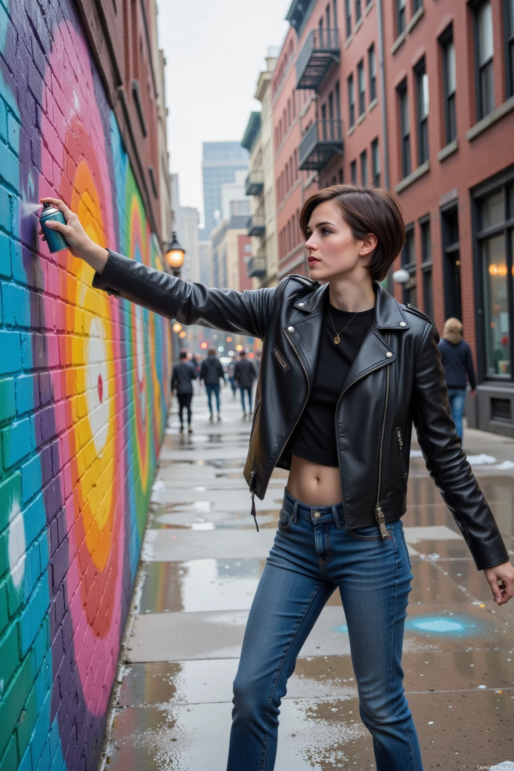 Женщина в кожаной куртке и джинсах стоит рядом с красочной настенной росписью на городской улице.