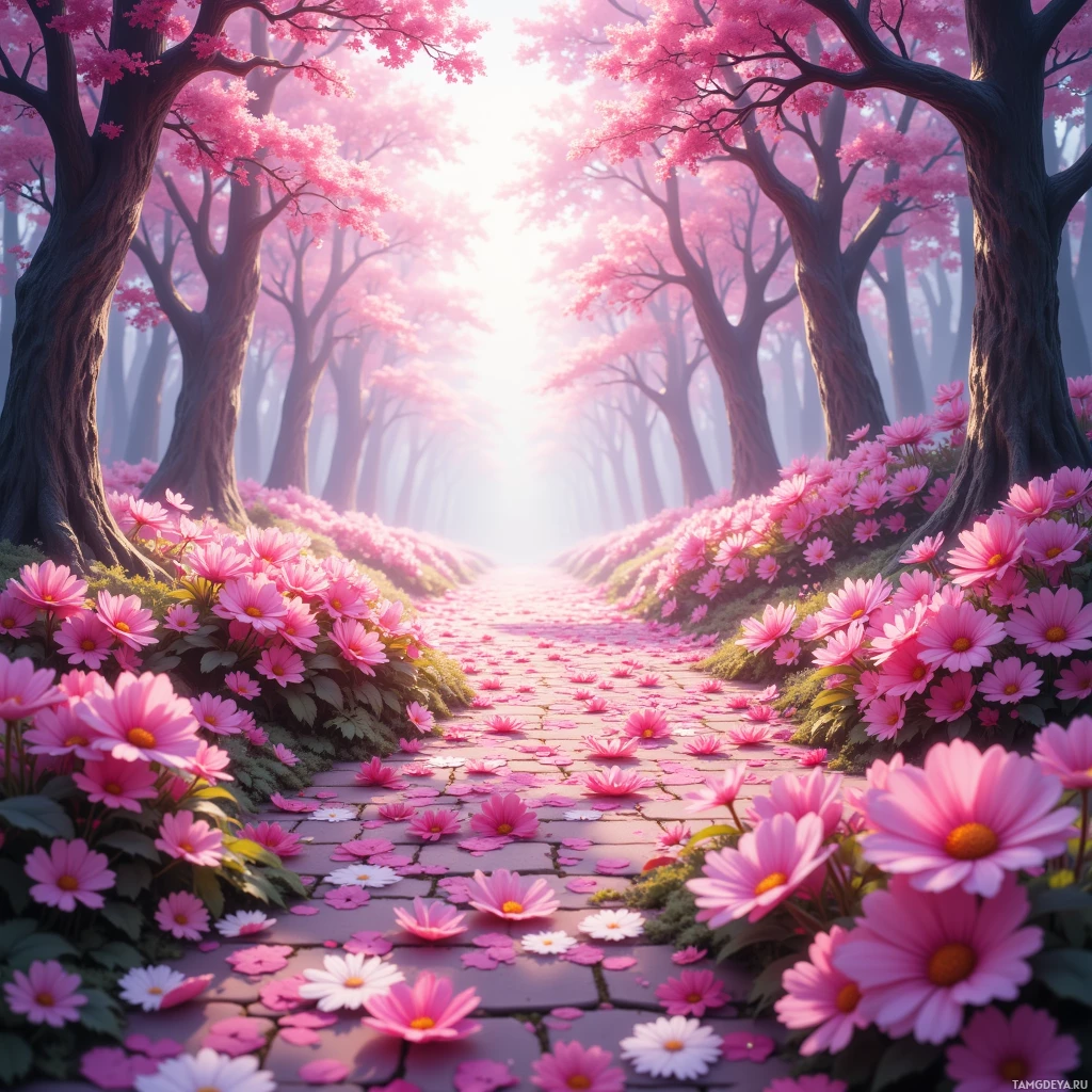 Тихая лесная тропинка, усыпанная розовыми цветами, залитая мягким солнечным светом.