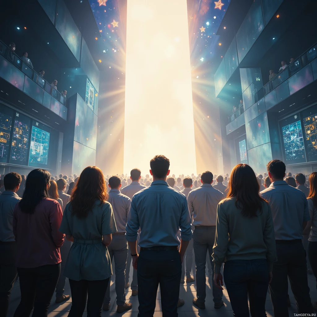Толпа людей стоит, обращенная к яркому, сияющему источнику света.