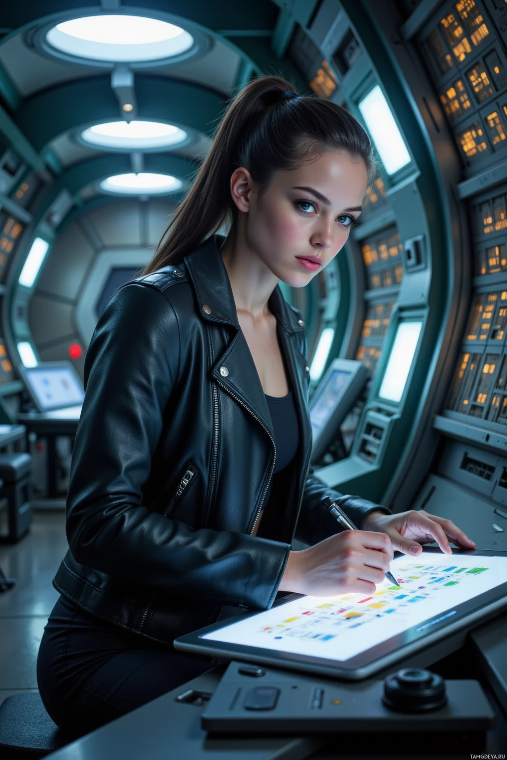 Человек в футуристической обстановке работает на планшете, используя стилус.