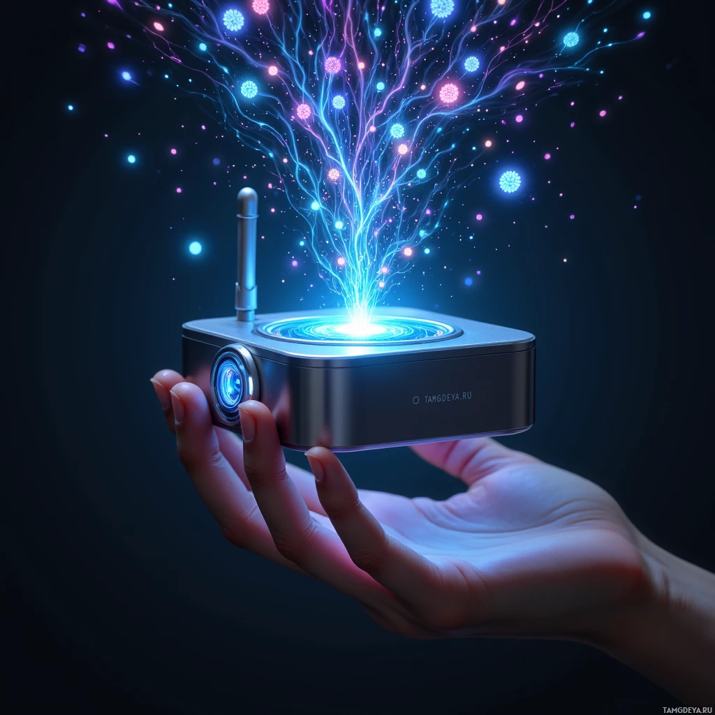 В руке — футуристическое устройство, излучающее свет в виде светящихся, напоминающих деревья, узоров.