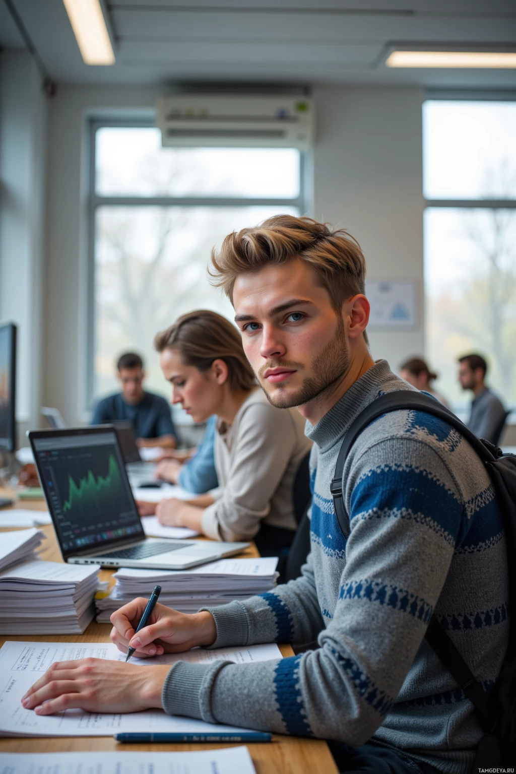 Realistic high quality photo. 19-year-old male with neat blonde hair, blue eyes, wearing a simple patterned sweater and a reputable brand backpack, sits at a desk in a quiet modern study room, surrounded by stacks of research papers, a laptop displaying a spreadsheet, with the hum of an air conditioner and late afternoon light filtering through a window.