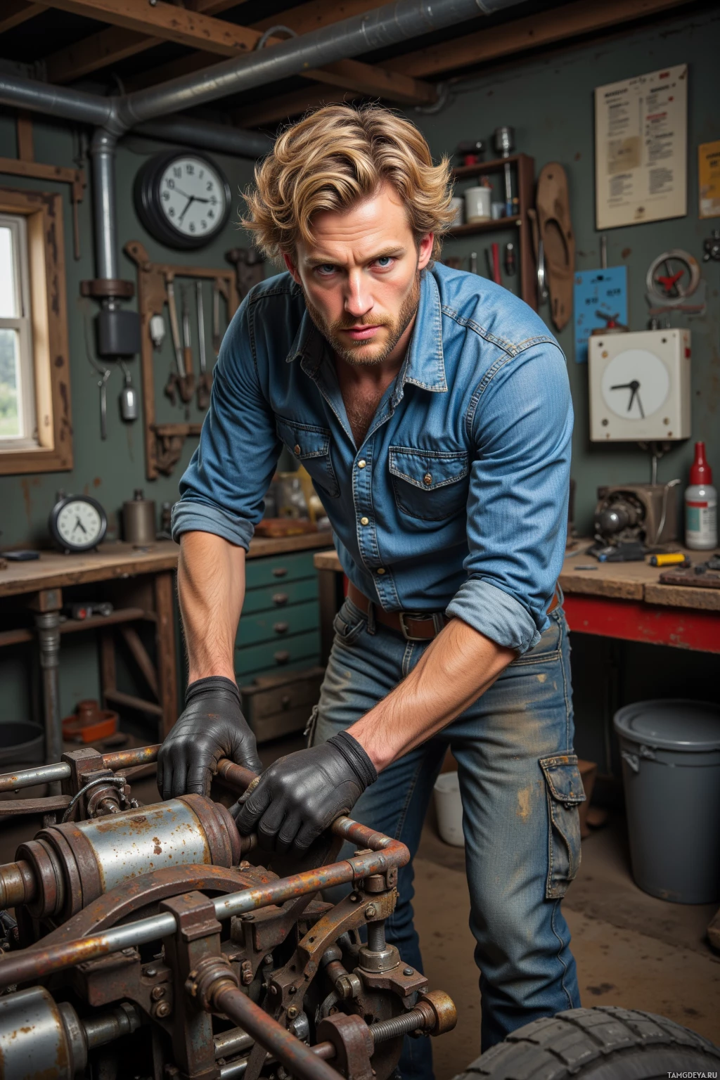 Realistic high quality photo. Male, 28, curly blonde hair, blue eyes, rugged skin, wearing a faded denim shirt, worn jeans, work gloves, tightening bolts on a rusted chassis in a cluttered workshop at noon, with tools scattered and a timer on a table, light filtering through a window.