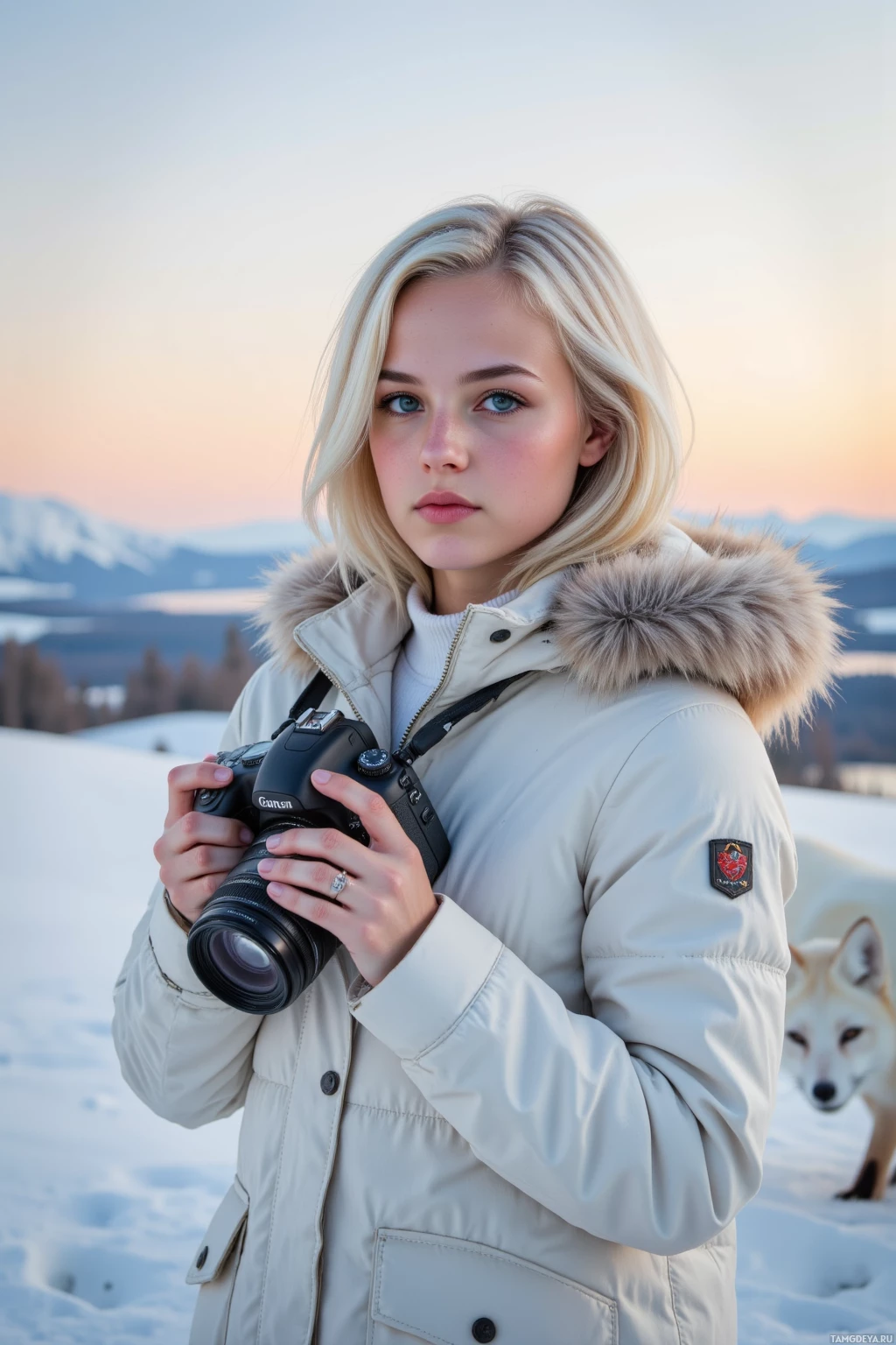 Человек в зимней куртке с фотоаппаратом стоит на заснеженном пейзаже, неподалёку от него бегает лиса.