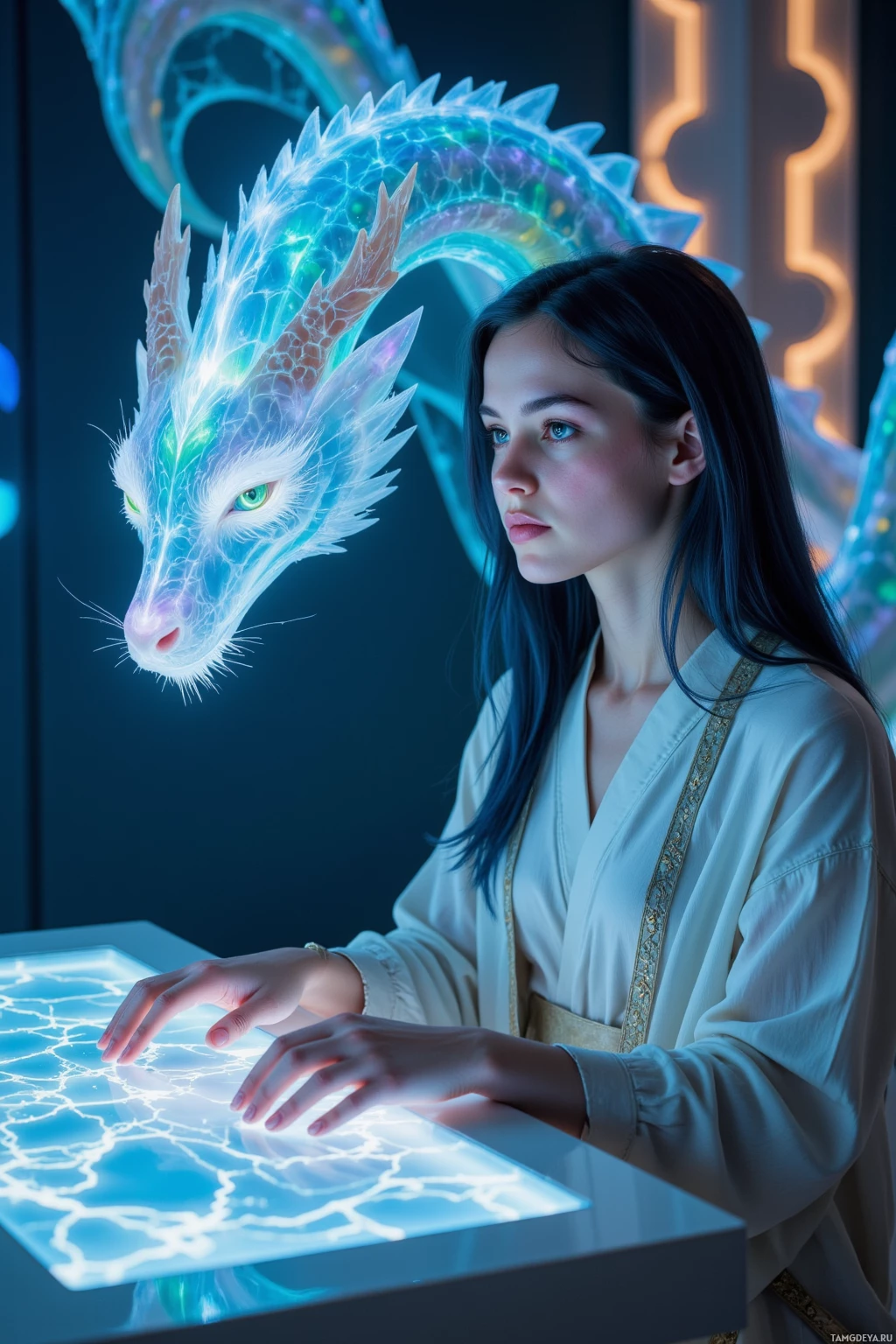 Realistic high quality photo. 28‑year‑old woman with long dark blue hair and bright green eyes, in silver‑embroidered robes, sits at a softly glowing VR console in a twilight room, as a translucent dragon with iridescent scales floats above her, its breath casting subtle reflections on the console.