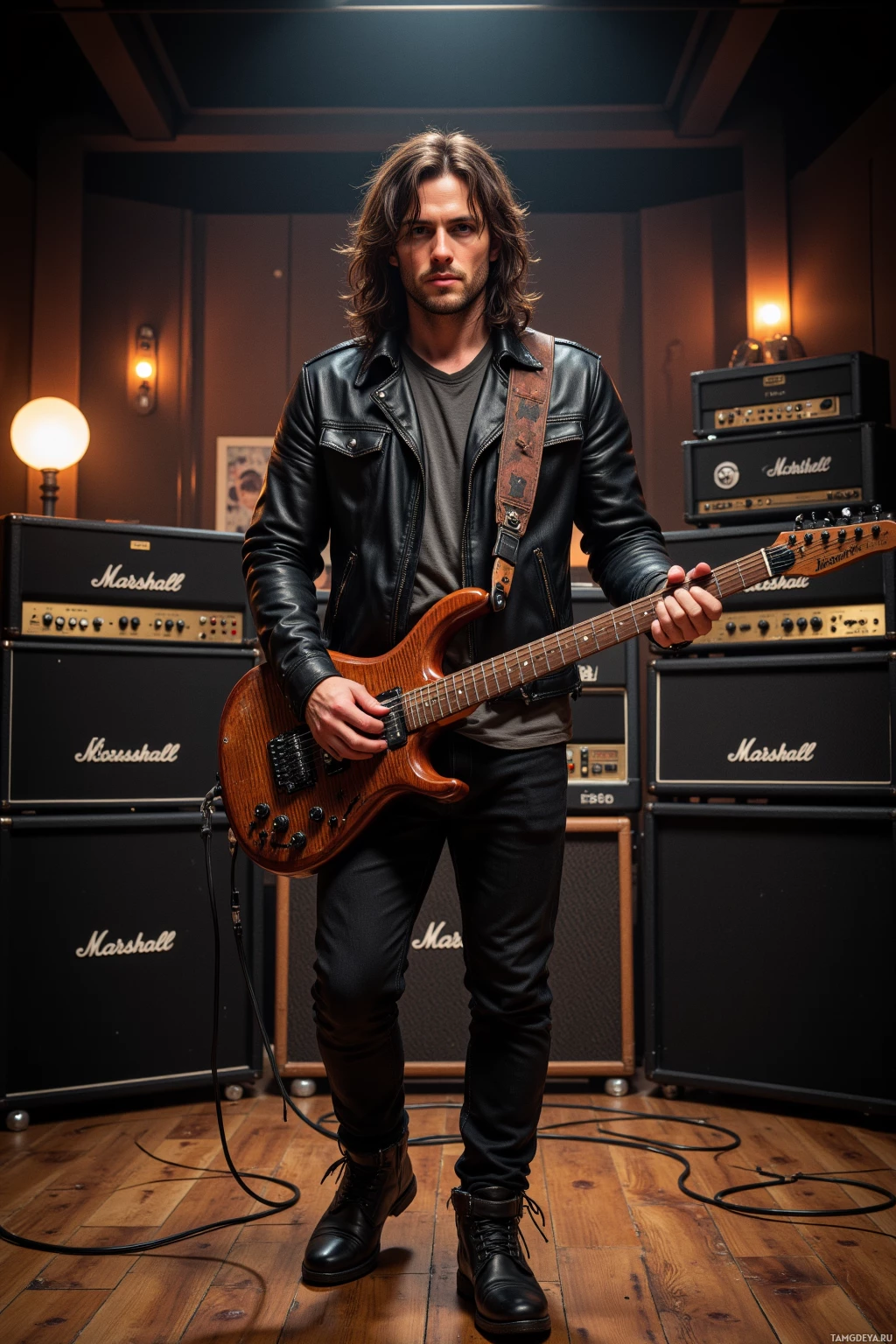 Музыкант стоит в полумраке комнаты, держа в руках гитару, на заднем плане видны усилители Marshall.