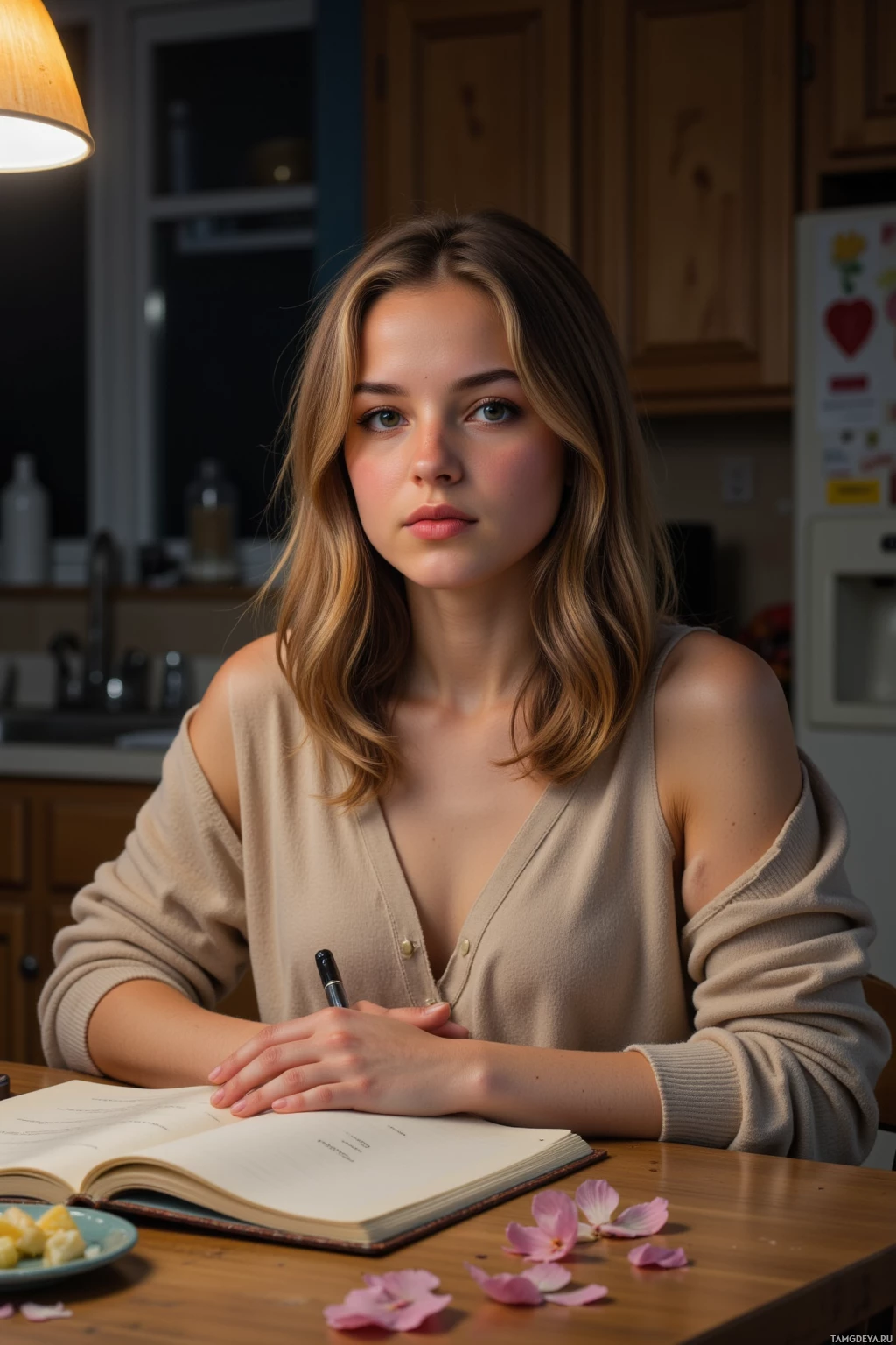 Realistic high quality photo. A 27‑year‑old woman with medium‑length light brown hair, green eyes, delicate features, wearing a soft sweater and tailored pants, sits at a kitchen table in a dimly lit late‑night kitchen, her notebook open with pages scattered like petals as she traces a crooked line with a pen, surrounded by the warm glow of a table lamp and the gentle hum of the refrigerator.