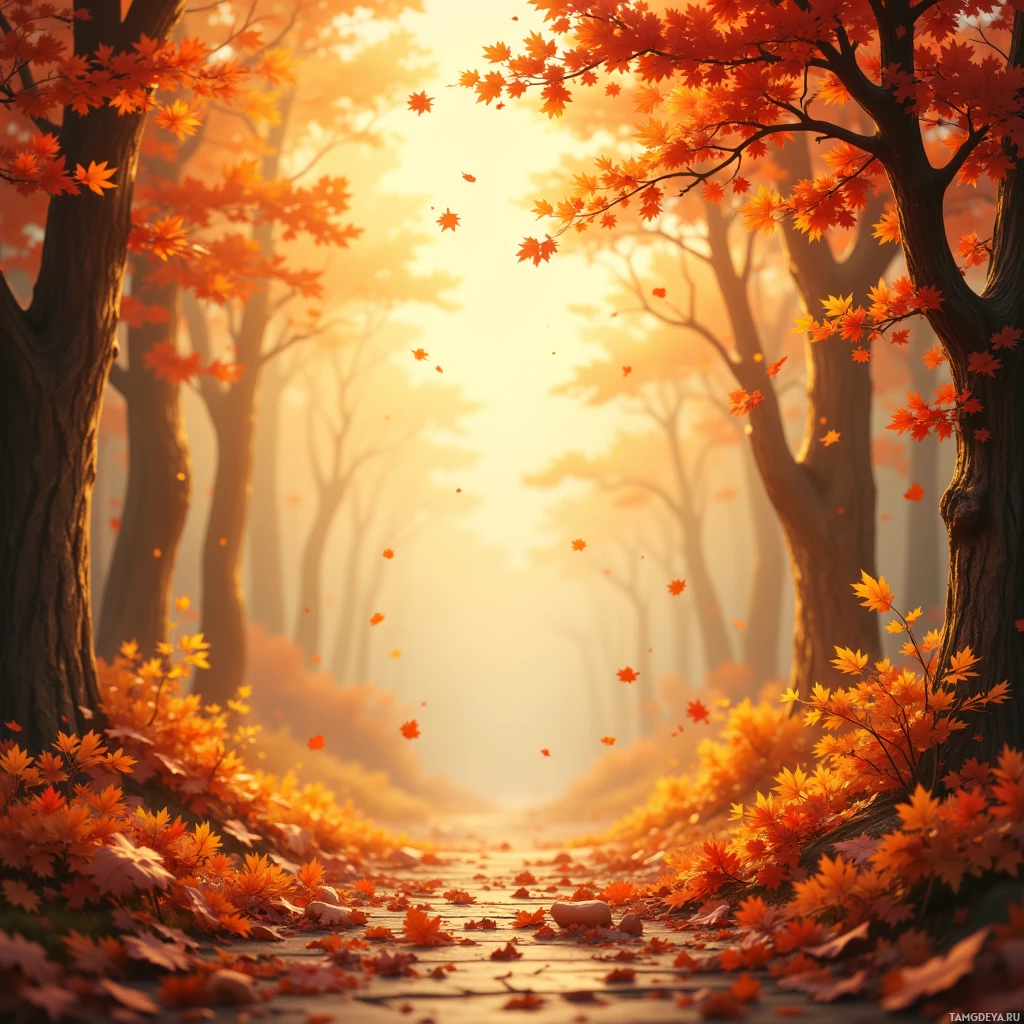 Безмятежная осенняя сцена: золотой солнечный свет пробивается сквозь деревья, а землю устилает ковёр из опавших листьев.
