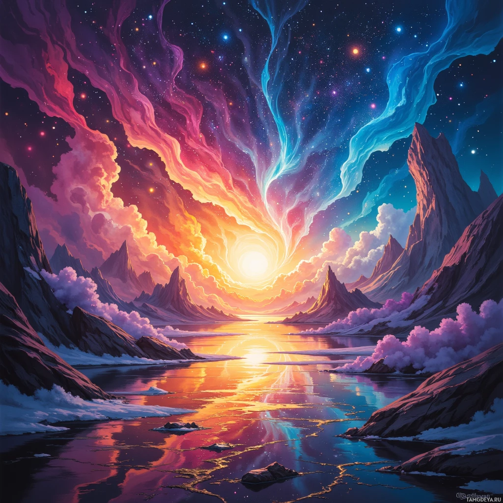 Яркий, сказочный пейзаж с красочным небом, призрачными облаками и величественными горными вершинами, отражающимися в спокойной водной глади.