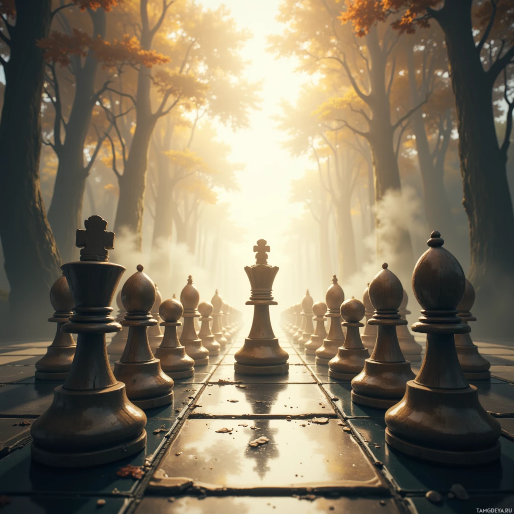 Шахматная доска, расставленная посреди леса, залитого солнечными лучами, пробивающимися сквозь деревья.