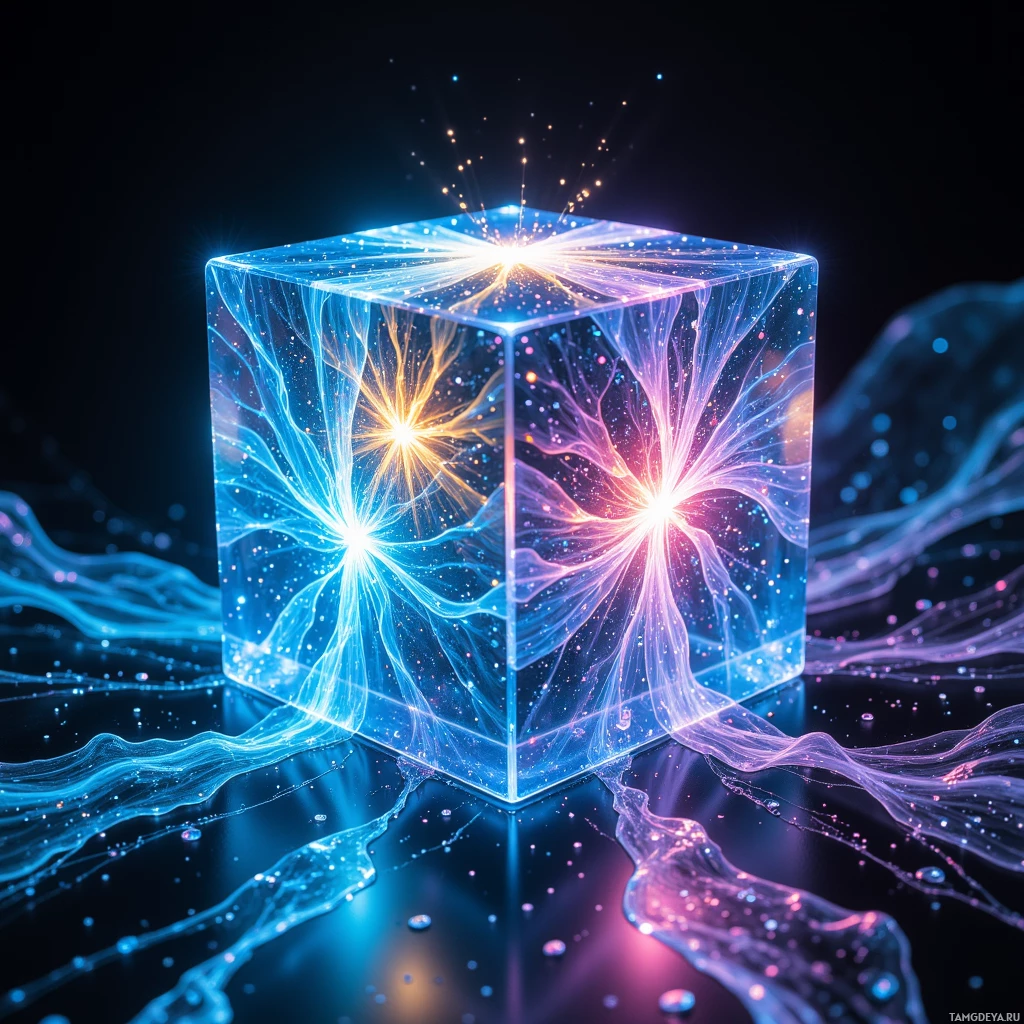 Semi-abstract image with many light, that is suitable for the post:  Translucent glass cube synthesizer with pulsing iridescent color fields inside, micro‑engraved filaments glowing on its surface, hybrid silicon photonics and adaptive biomaterial giving it a liquid‑like, flowing appearance.